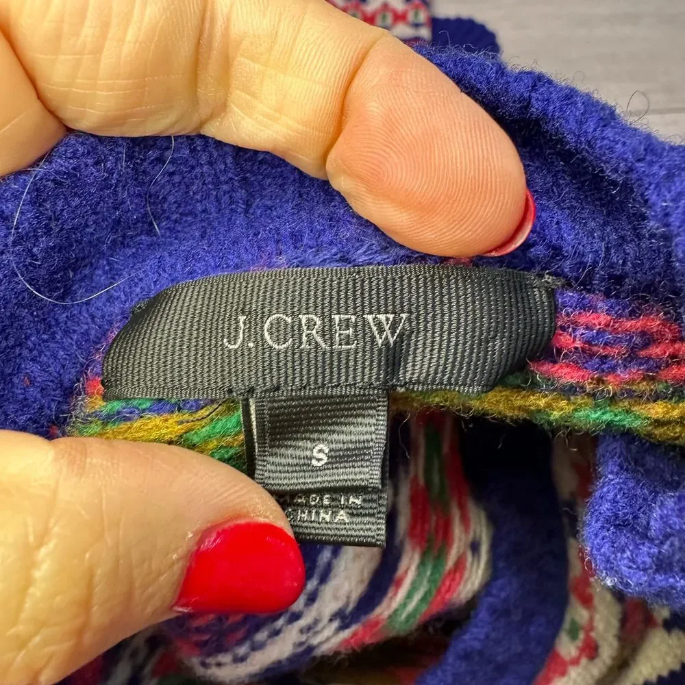 Lambs wool j crew multi color red green pattern pullover knit sweater size small